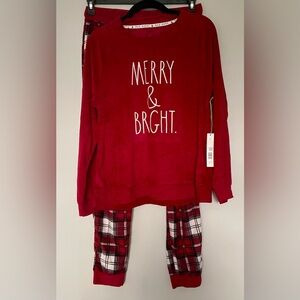 Rae Dunn Women's Holiday PJ Set/Loungewear Red Plaid Merry & Bright Fleece  Sz M